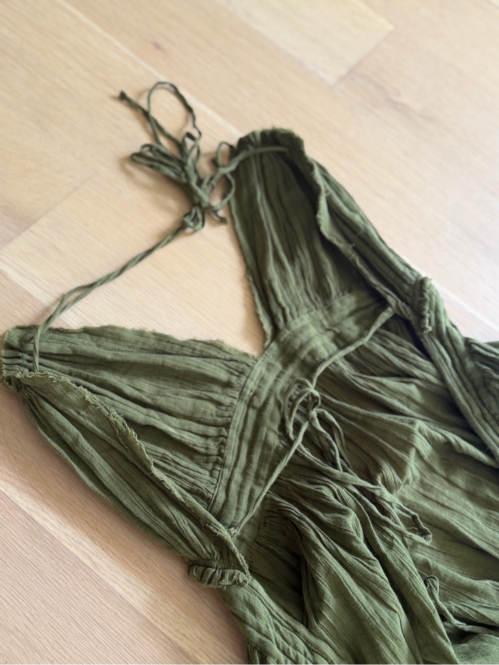 Free People Size Large Olive Green Halter Mini Dress Boho Hippie Cotton V Neck - Picture 15 of 16